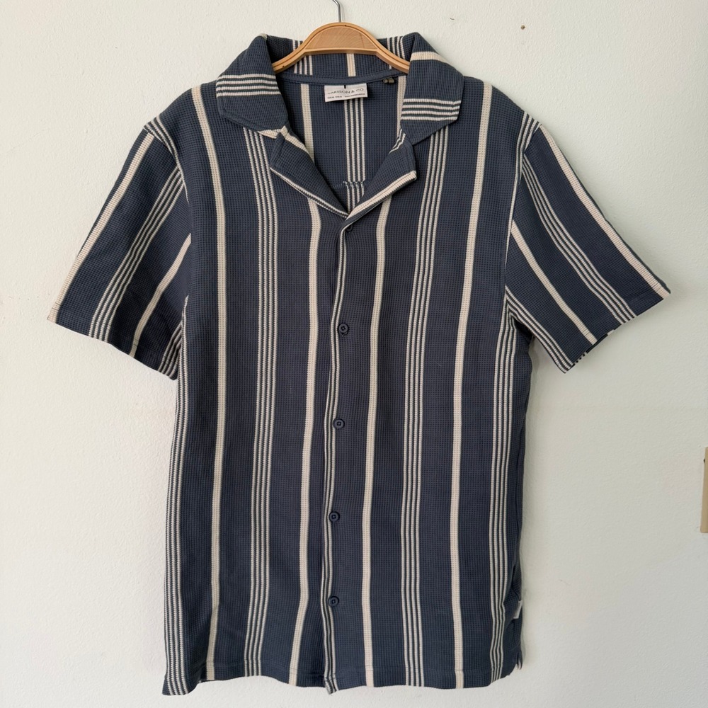 Larsson & Co Mens Blue Waffle Knit Striped Camp Collar Shirt CS895LCJAM Medium